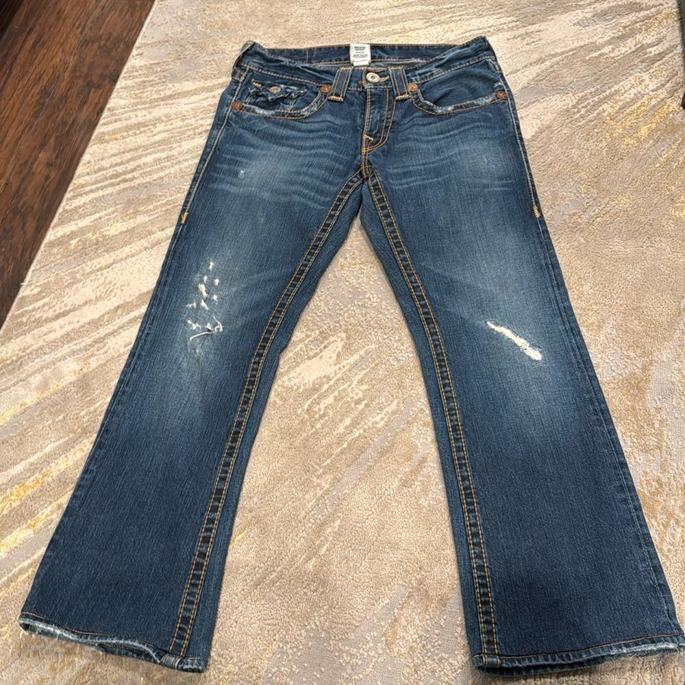 TRUE RELIGION Straight Leg Jeans 31x30 flap pockets distressed chunky stitching‎